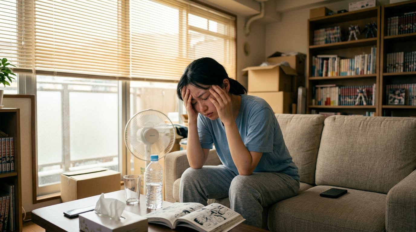 Young woman sitting on a couch with head in hands, looking stressed